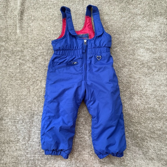Vintage Obermeyer Kids Snow Bibs Overalls Blue Pink Lined Ski Pants Toddler 3T - Picture 1 of 11
